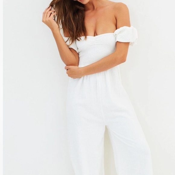 Anthropologie Steele Off Shoulder Sweetheart Smocked Wide Leg Lena Jumpsuit Sz S - Picture 2 of 10